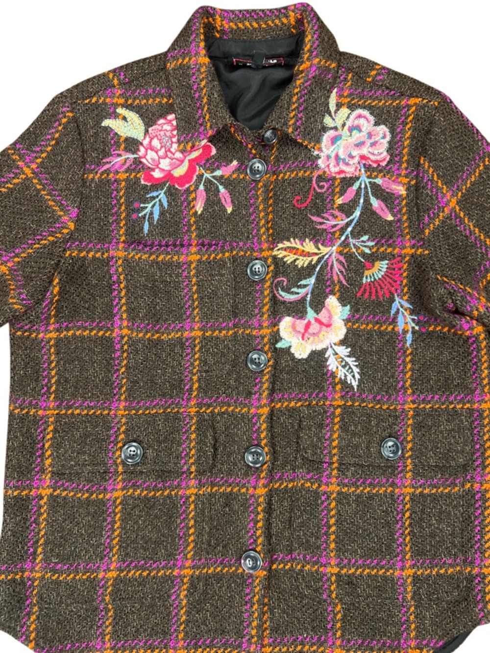 Johnny Was Garnet Plaid Shirt Jacket Embroidered Wool Blend Button Front Small - Picture 3 of 7